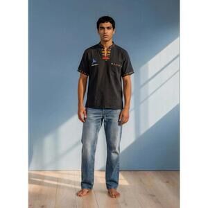 Traditional Honduras Handmade Shirt Scarlet Macaw Men's Black size L Cotton Exce